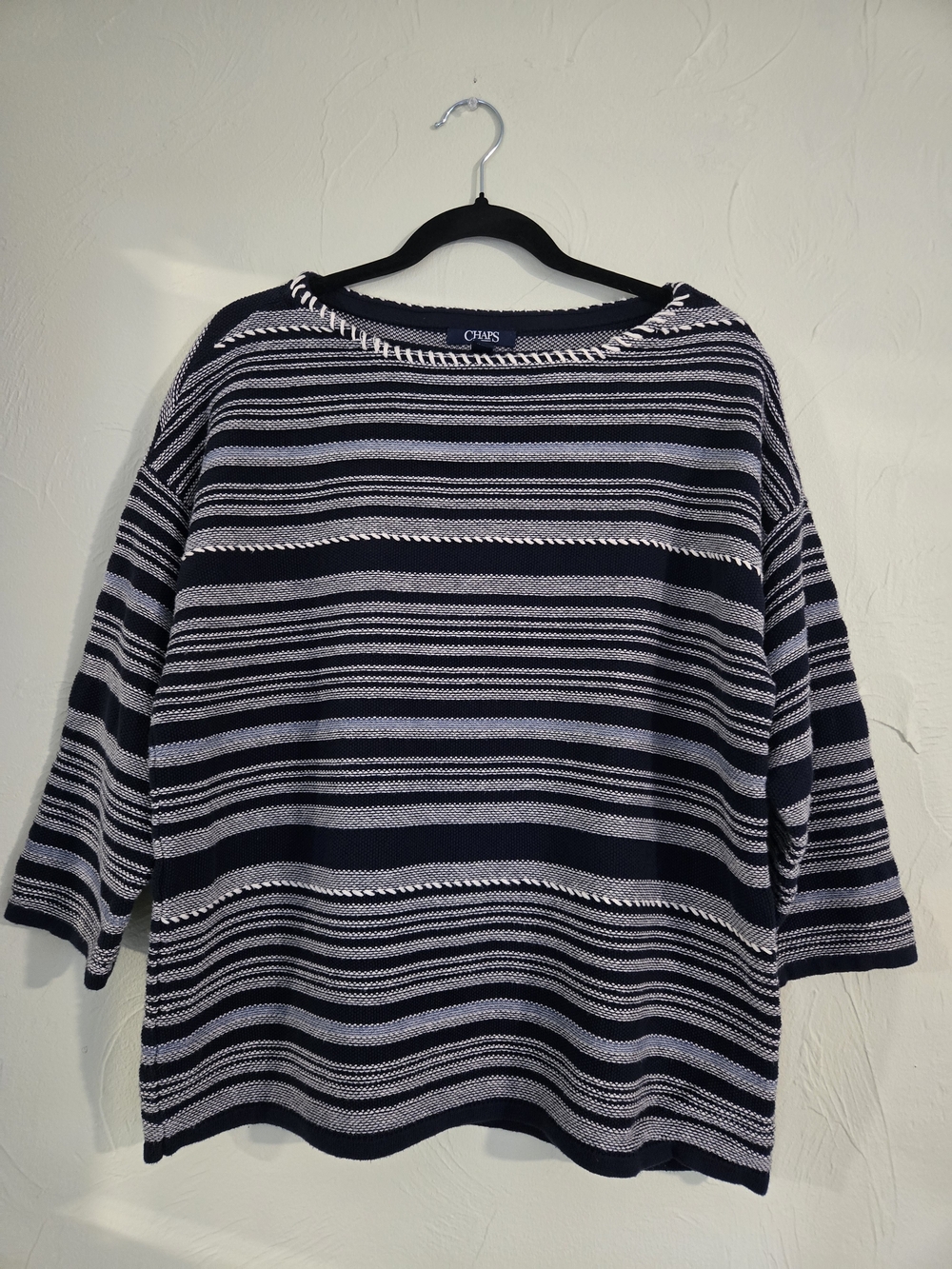 Chaps Navy and White Striped Textured Knit Boat Neck Sweater